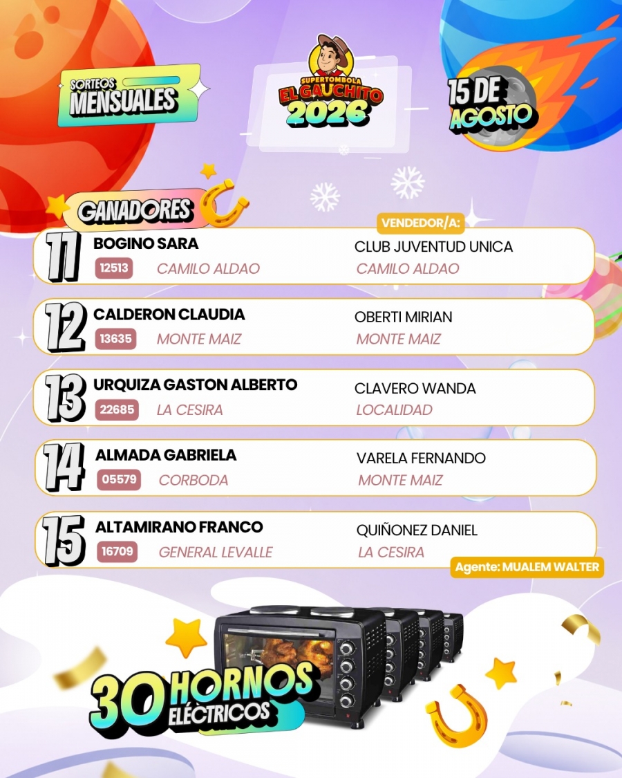 Tombola Gauchito ganadores-15 agosto Electrodomesticos
